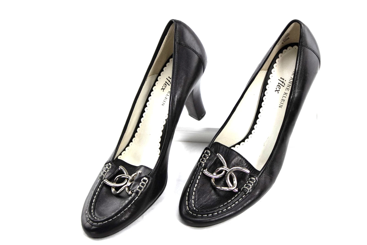 Anne Klein iFlex Leather Heels | Size 8.5M | Black Loafers with Silver Bit | AK