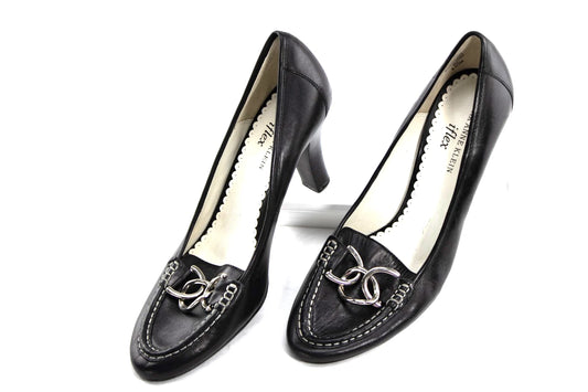 Anne Klein iFlex Leather Heels | Size 8.5M | Black Loafers with Silver Bit | AK