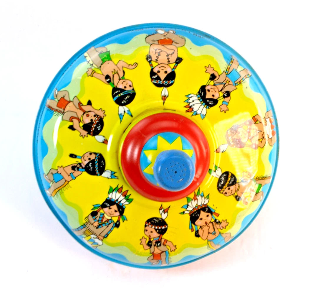 🎯 Vintage Ohio Art Tin Litho Spinning Top – Native American Kids Design – 1960s