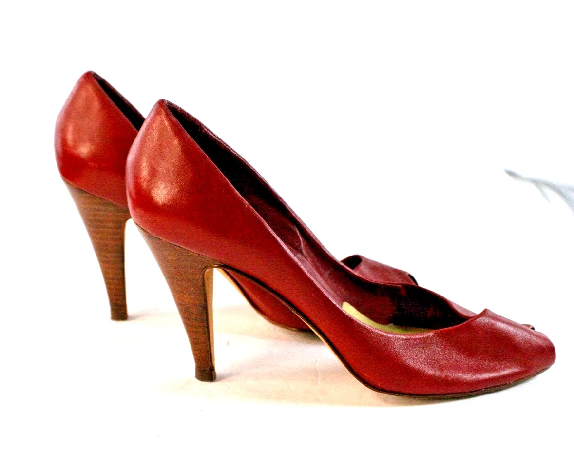 Nine West Burgundy Leather Peep-Toe Heels (Size 8N, Made in Brazil)