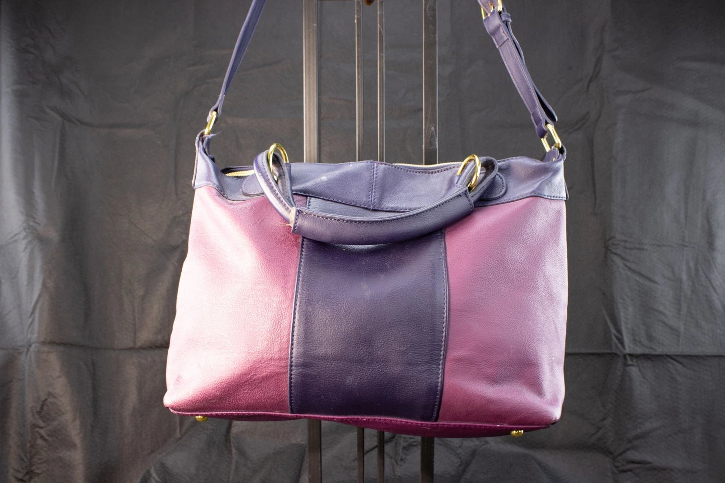 💜 JM New York Two-Tone Pebbled Leather Satchel – Plum & Navy Elegance