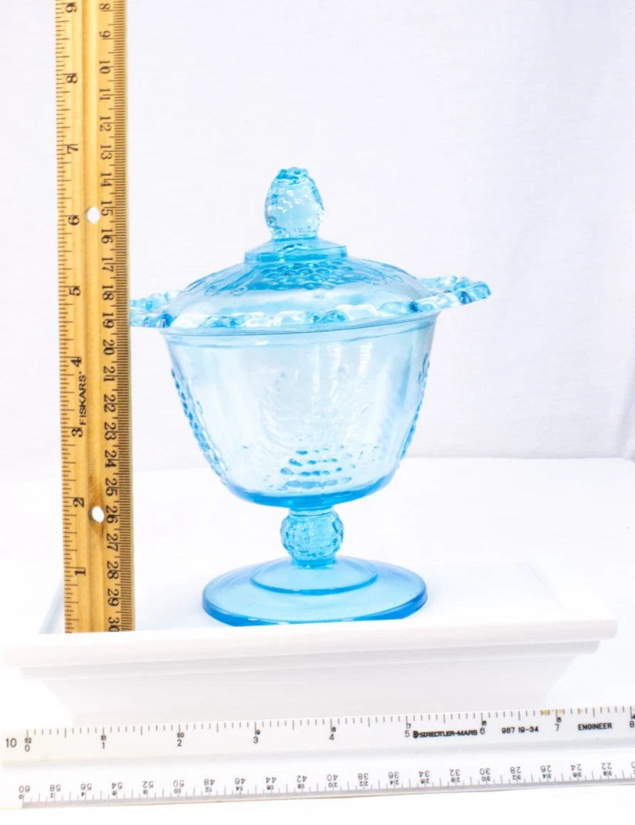 Vintage Aqua Blue Glass Compote with Lid – Harvest Grape Pattern Pedestal Candy