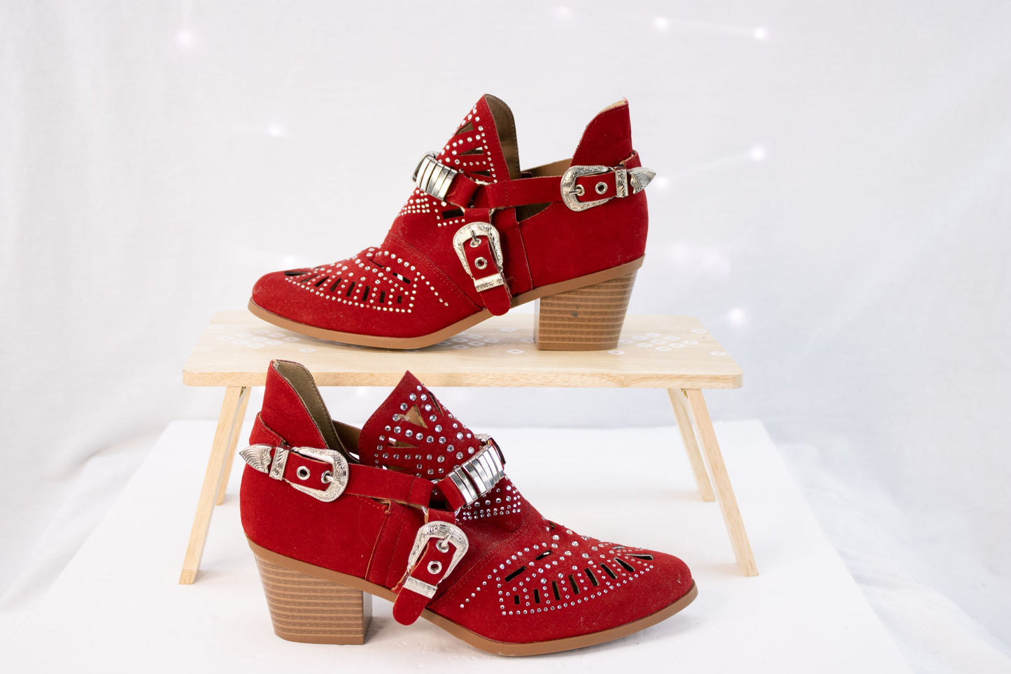 Red Studded Western Ankle Booties Womens 8 8.5 EU39 Suede Buckle Heel