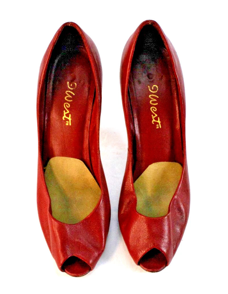 Nine West Burgundy Leather Peep-Toe Heels (Size 8N, Made in Brazil)