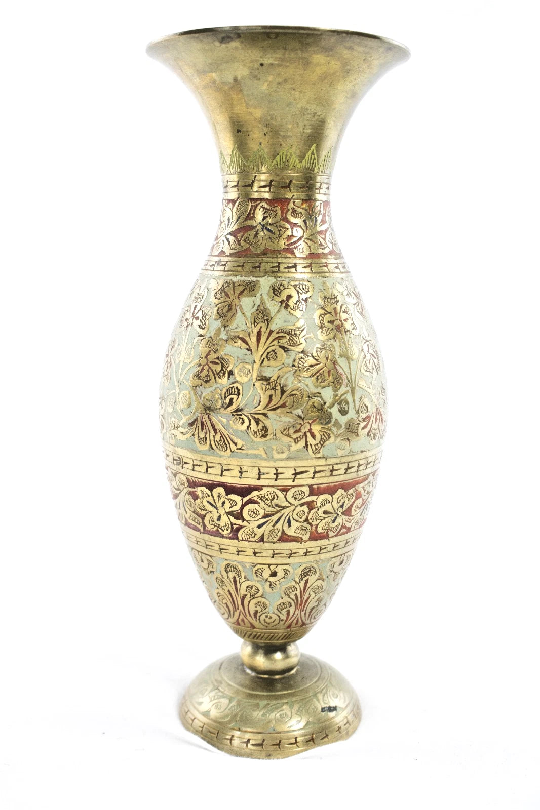 🏺 Vintage Brass Vase from India | Etched & Enamel Floral | 10” Tall Ornate