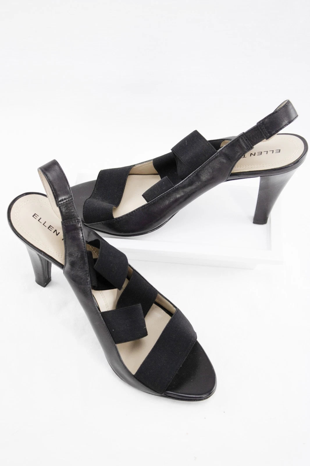 Ellen Tracy Black Leather Heels | “Josie” 8.5M Slingback Stretch Sandals | Chic