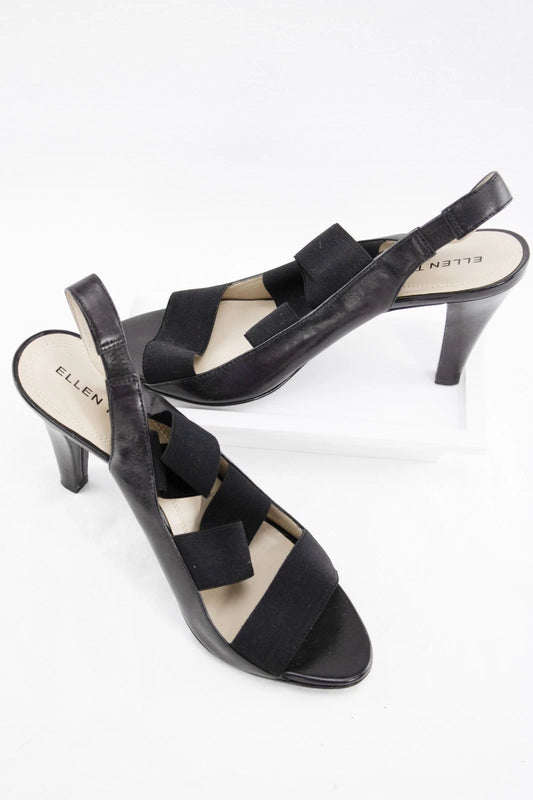 Ellen Tracy Black Leather Heels | “Josie” 8.5M Slingback Stretch Sandals | Chic