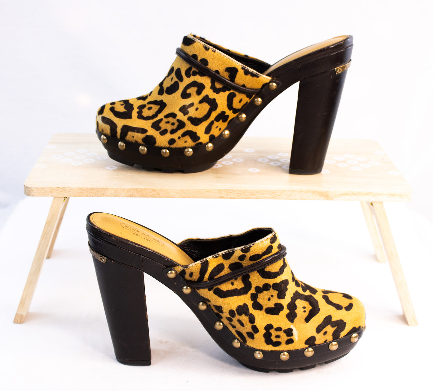 Coach Leopard Print Calf Hair Platform Clogs Women’s 8.5 Est Y2K Heels