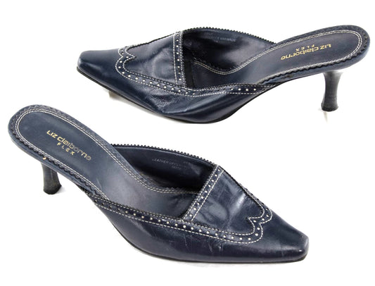 Vintage Liz Claiborne Leather Kitten Heels | Navy Blue Mules | Size 8M | Class