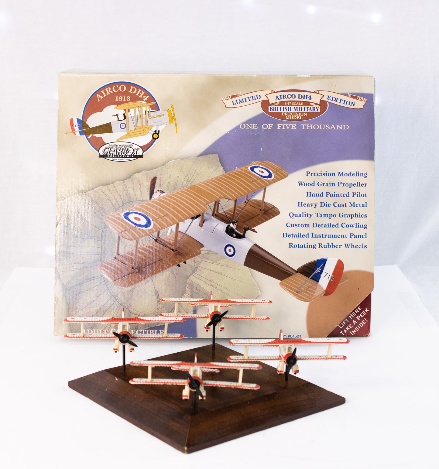 Vintage Gearbox Airco DH4 WWI Biplane Model Set with 4-Plane Display Stand