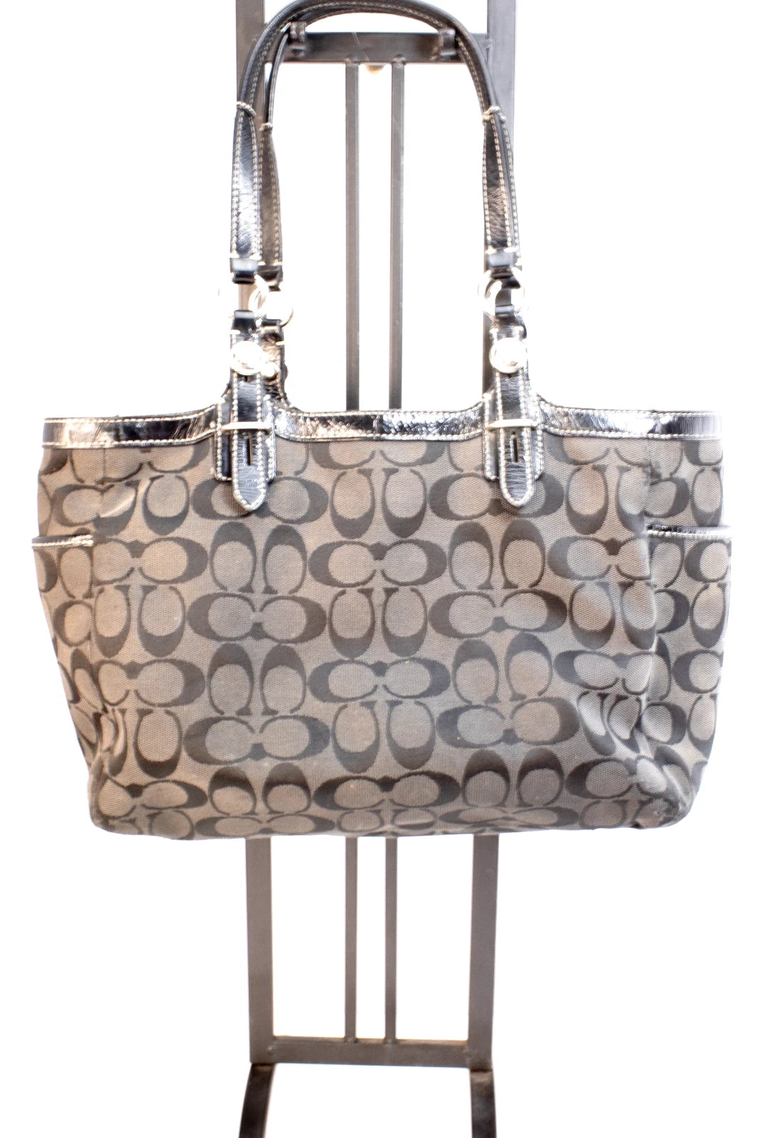 Coach F15141 Signature Stripe Tote – Black Patent Trim, Blue Lining