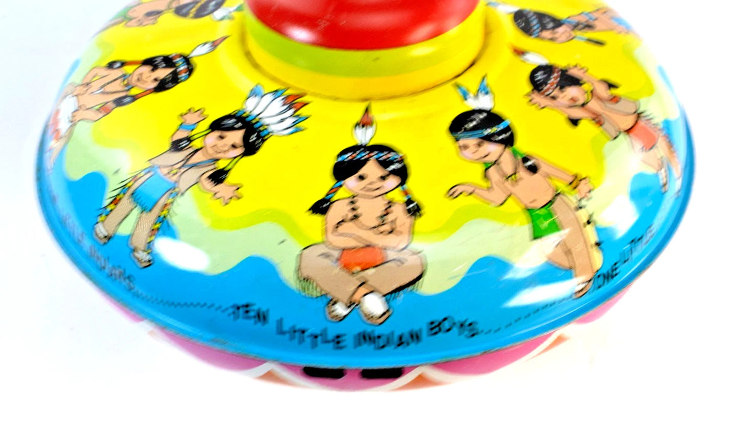 🎯 Vintage Ohio Art Tin Litho Spinning Top – Native American Kids Design – 1960s
