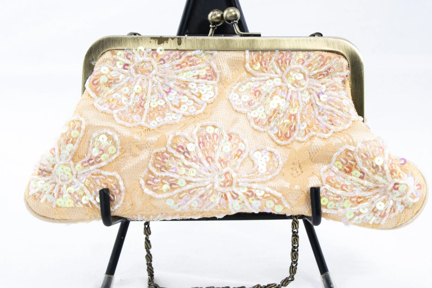 ✨Vintage Style Beaded Evening Purse | Sequined Floral Peach Clutch w/Chain Strap