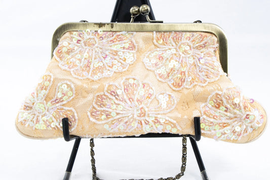 ✨Vintage Style Beaded Evening Purse | Sequined Floral Peach Clutch w/Chain Strap