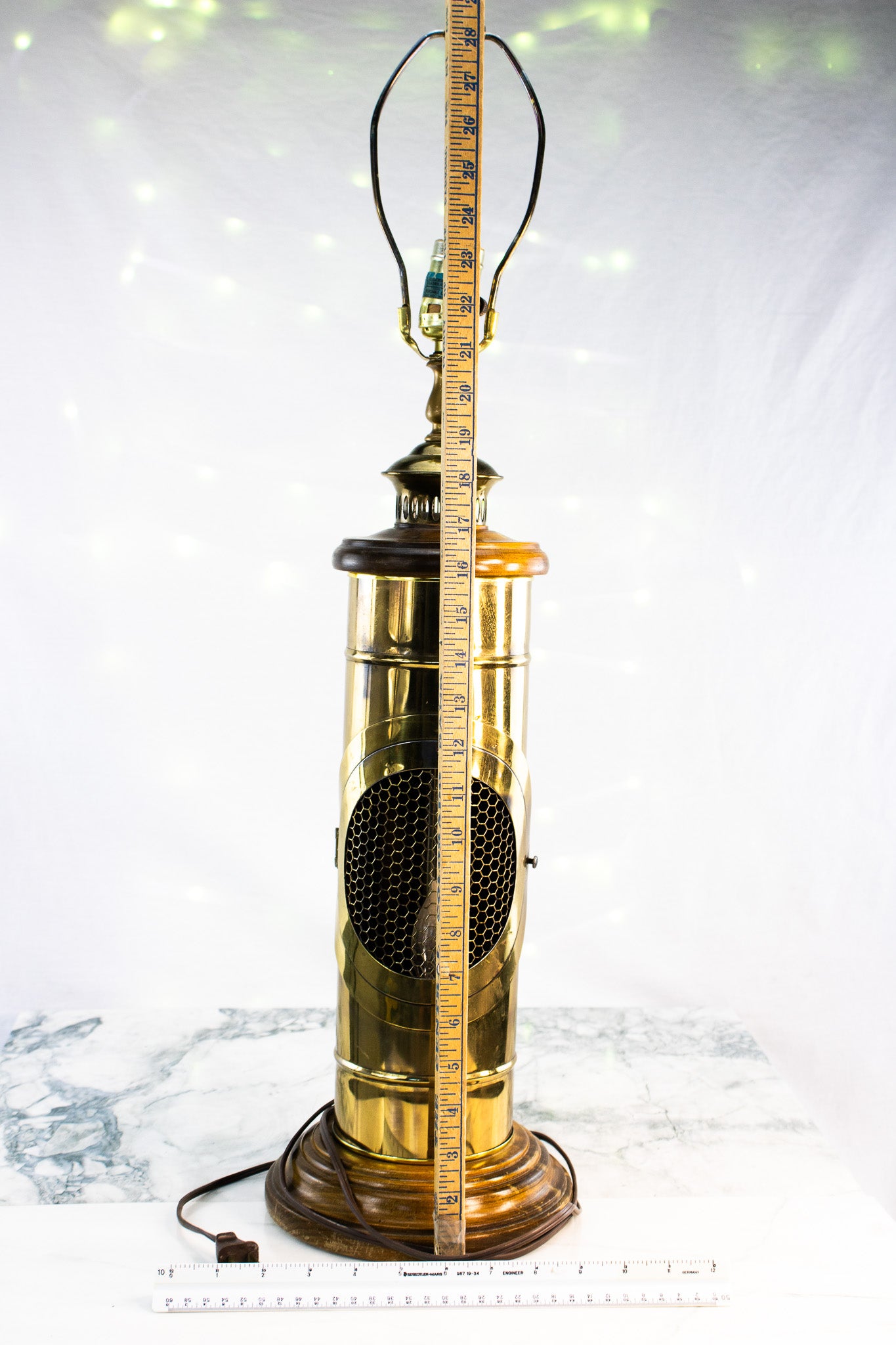 Tall Vintage Brass & Wood Statement Lamp | Mid-Century Flame Style Lighting