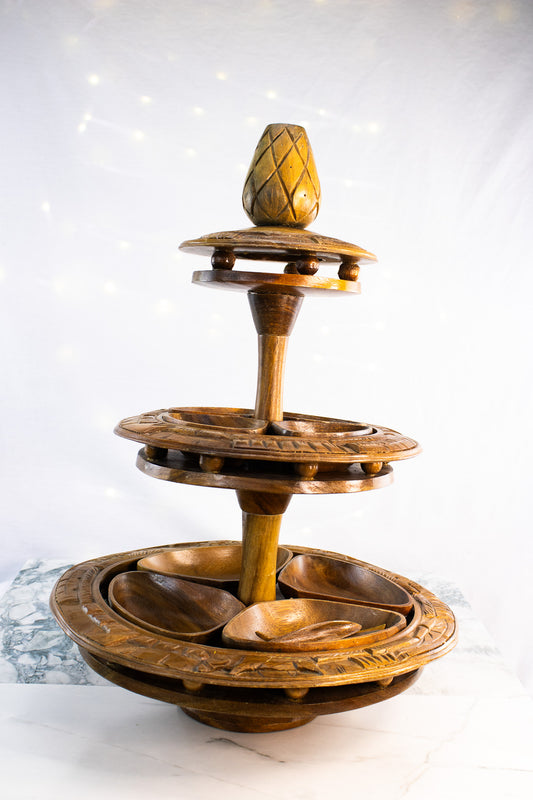 Vintage Hand-Carved Wooden Lazy Susan with Dual Spinning Tiers & Serving Bowls