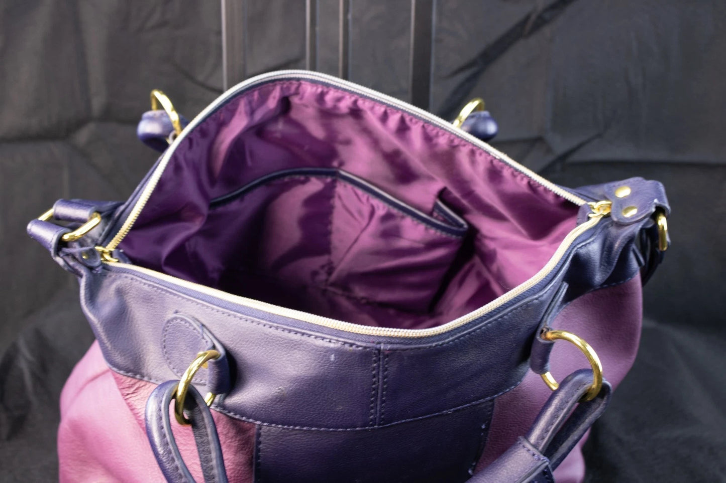 💜 JM New York Two-Tone Pebbled Leather Satchel – Plum & Navy Elegance