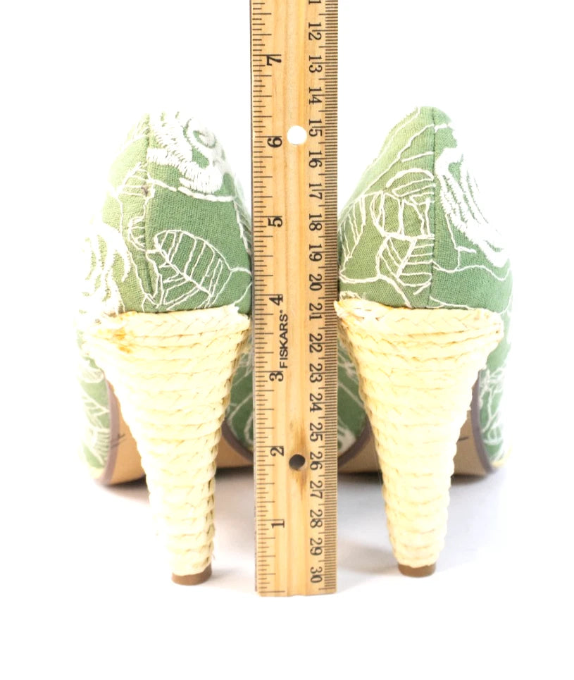 💚 Naughty Monkey Green Floral Embroidered Heels – Size 7.5 – Retro Resort Chic