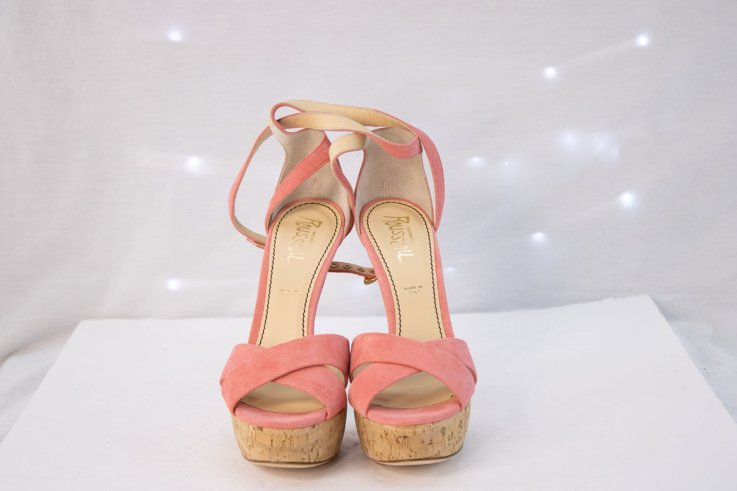 Jerome C Rousseau Zell Heels 38.5 Coral Suede Cork Platform Italy