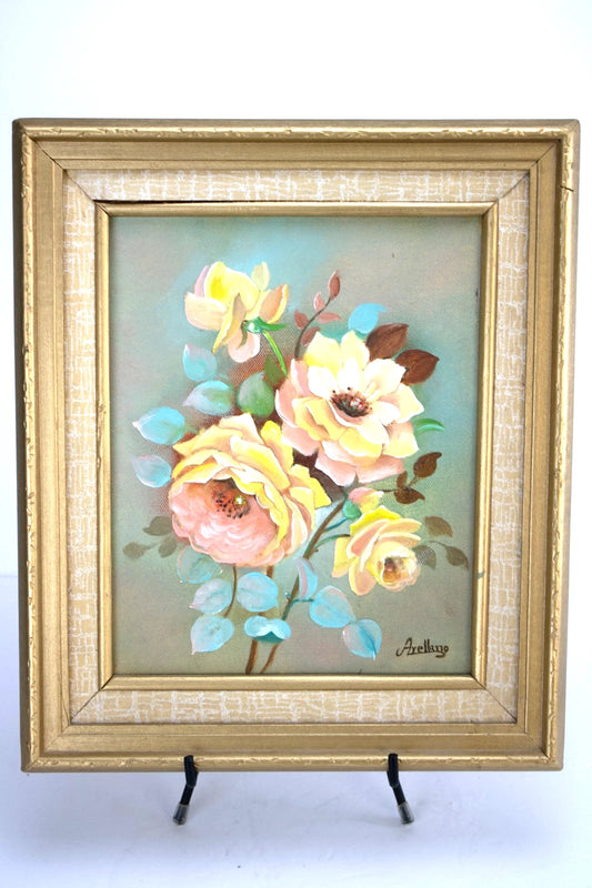Vintage Signed Floral Oil Painting by Arellano | Yellow Rose Bouquet | Textured