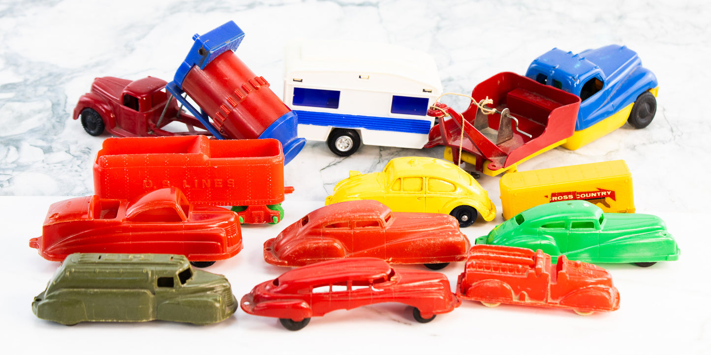 Vintage Plastic Toy Car Truck Lot ACME Lindberg VW Beetle Trailer Toys