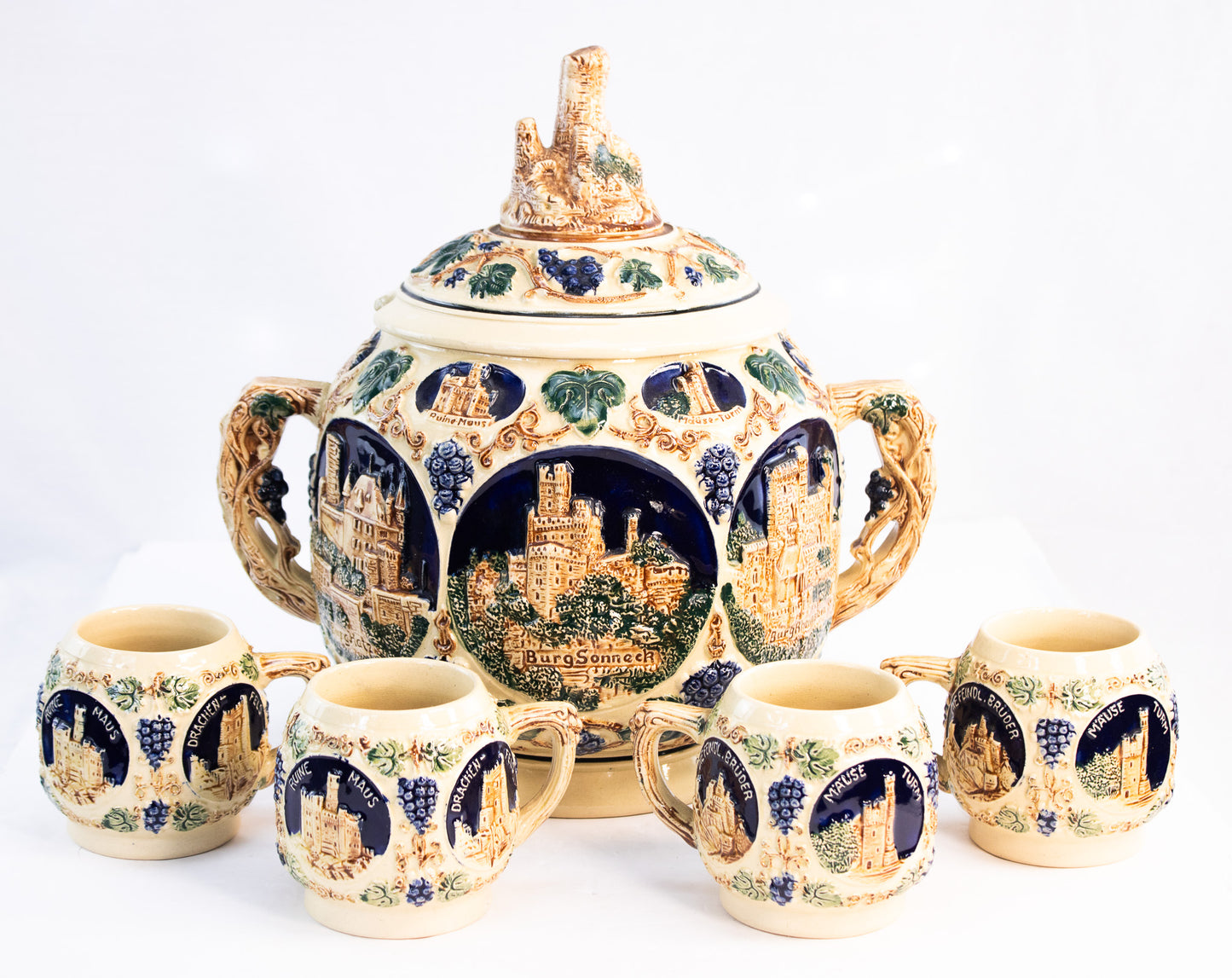 Vintage German Castle Punch Bowl Set | Old World Stoneware | Made in Germany