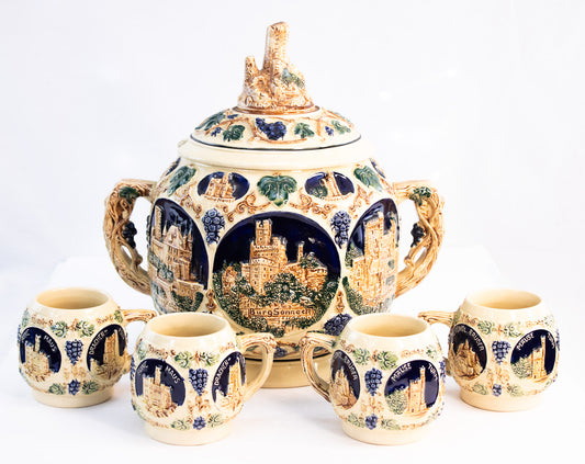 Vintage German Castle Punch Bowl Set | Old World Stoneware | Made in Germany