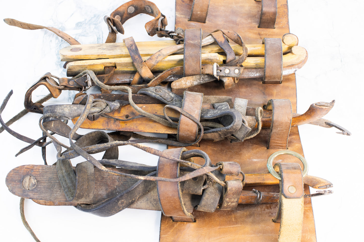 Antique Strap-On Ice Skates Set w/ Leather Carrier – c. 1880–1915
