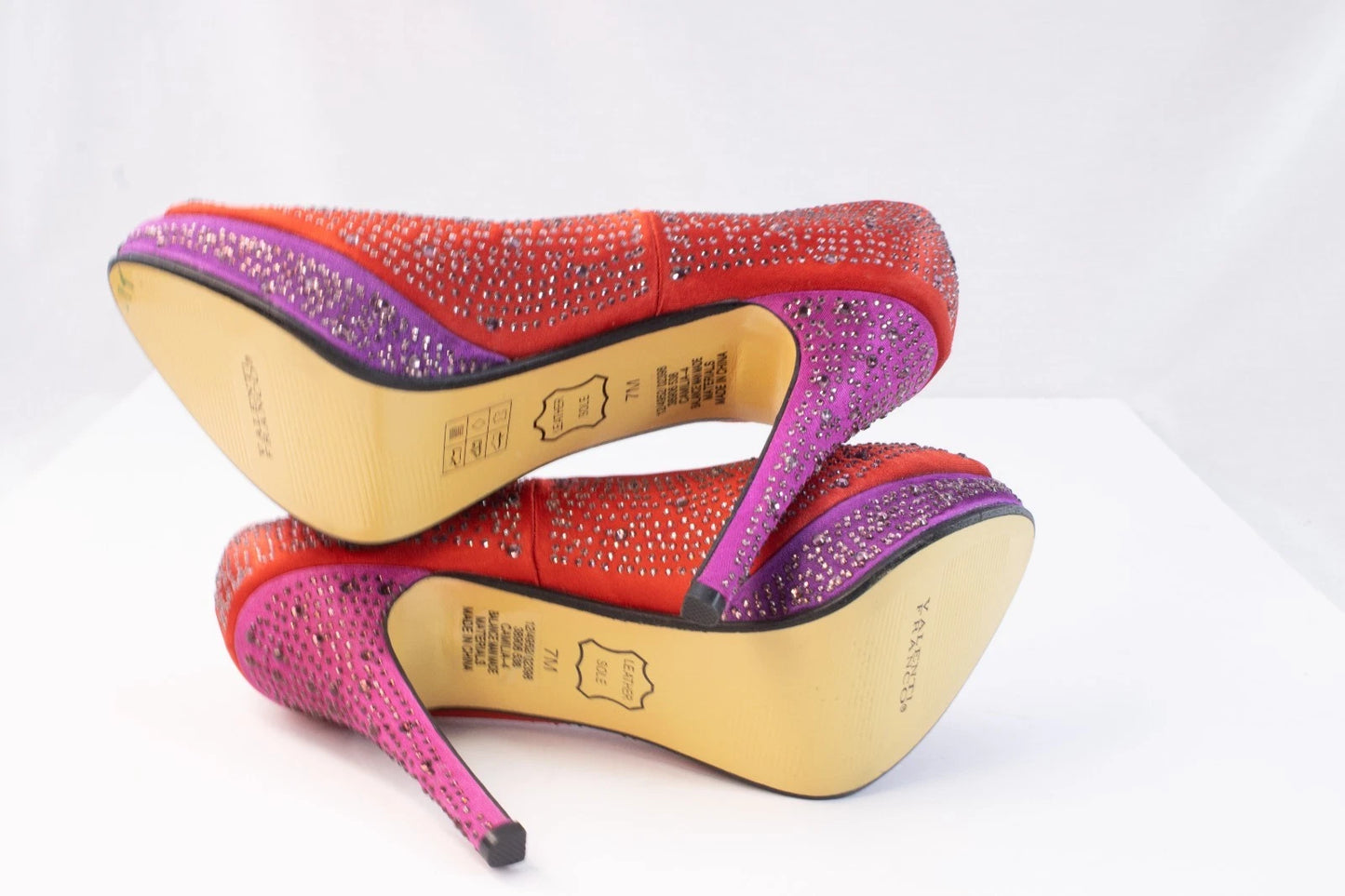 Valenti Franco Red & Purple Rhinestone Platform Heels – Size 7M – Leather Sole