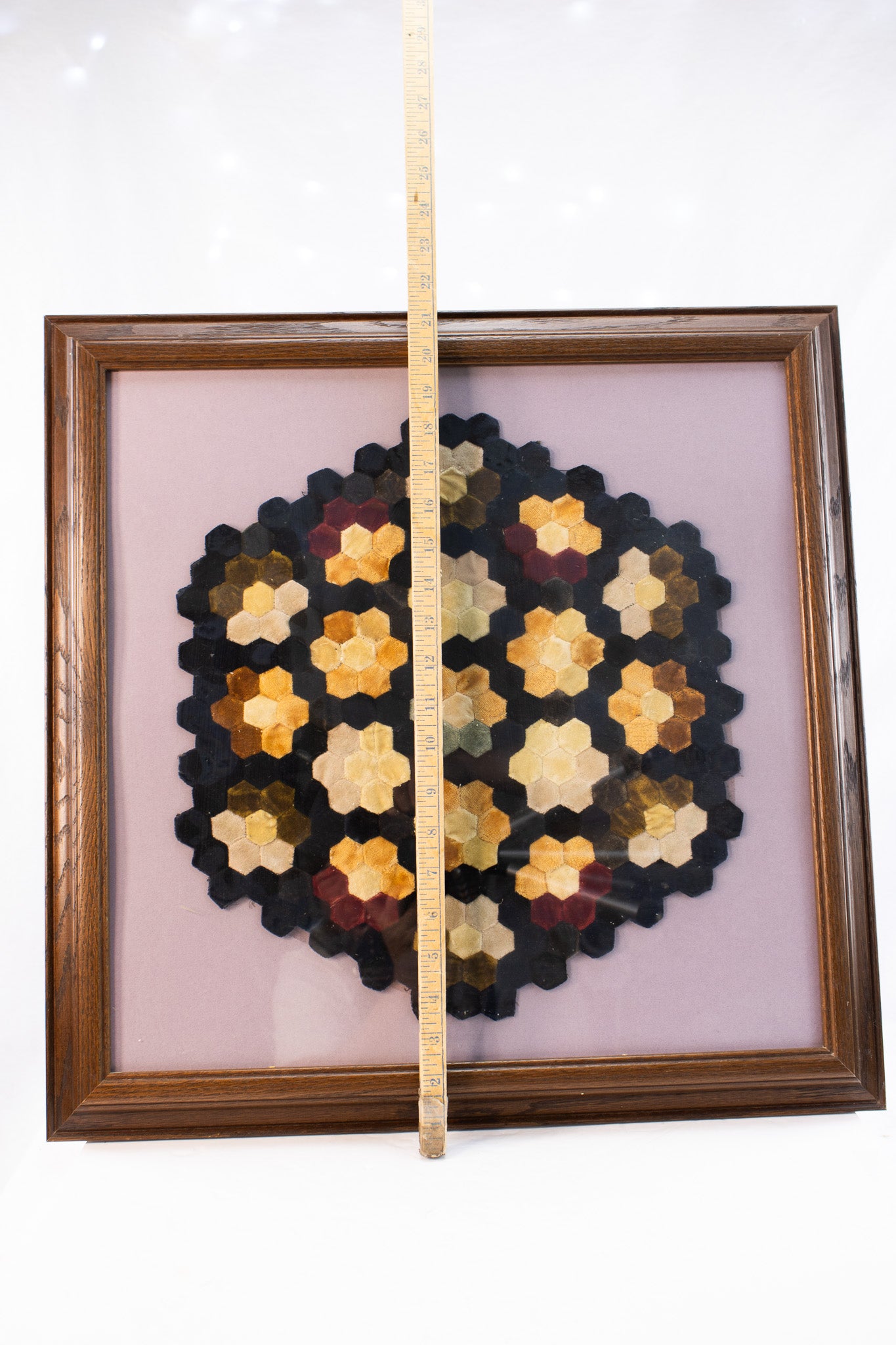Framed Vintage Hexagon Quilt Textile Art – Hand-Stitched Geometric Fiber Wall Art