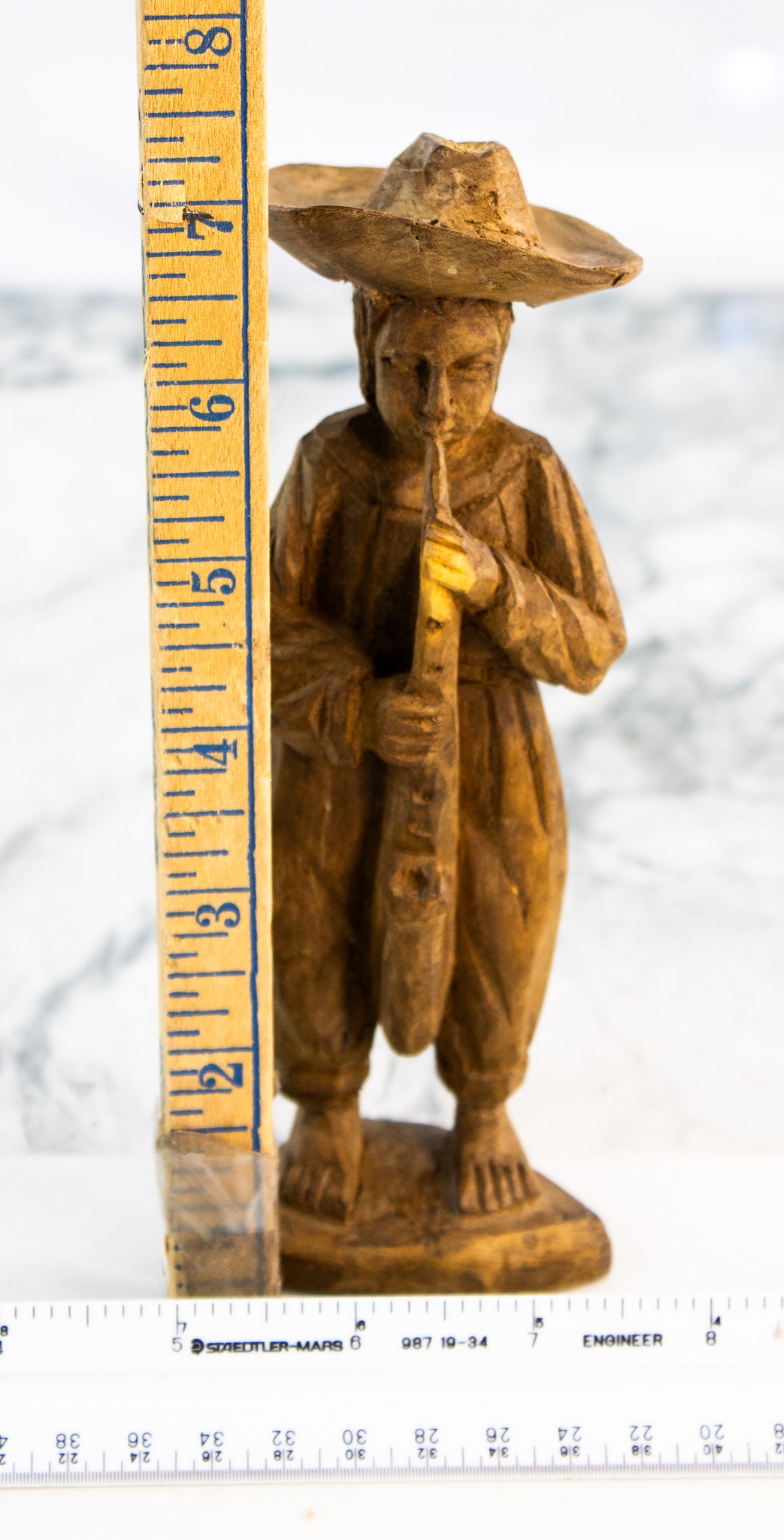 Vintage Mexican Hand-Carved Wooden Folk Art Figure with Flute