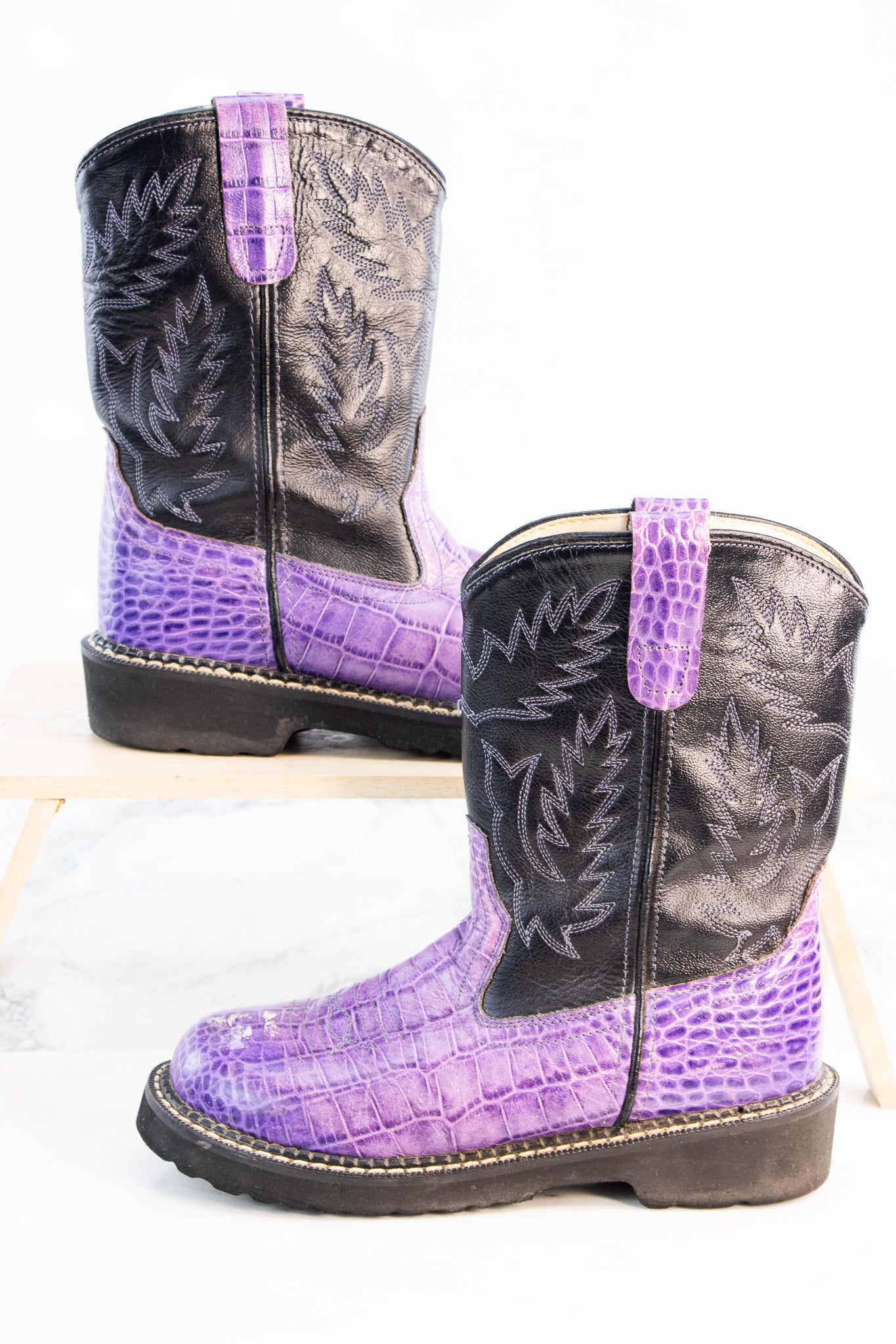Old West Youth Cowboy Boots Purple Croc Print Black Western Y4