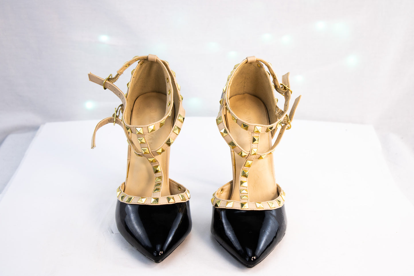 Studded T-Strap Heels Black Patent Gold Accents – Wild Diva Lounge 7.5