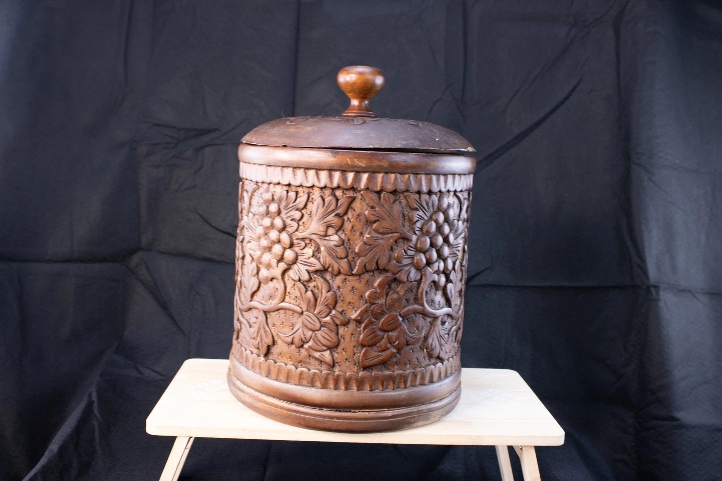 Vintage Hand-Carved Hardwood Floral Jar w/Lid Rustic Artistry from the Old World