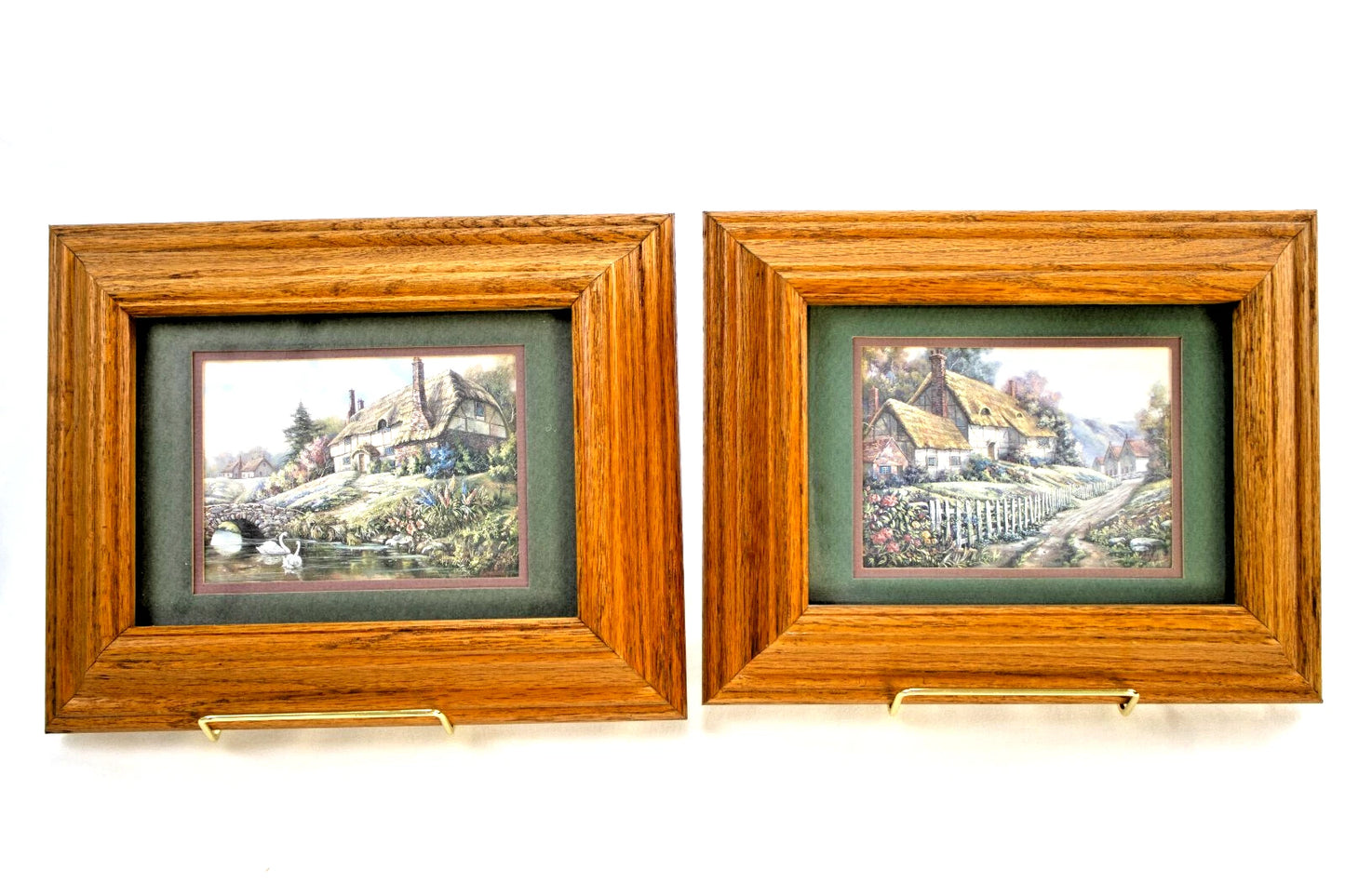 Vintage Foil Cottage Prints – Set of 2 English Countryside in Wood Frames
