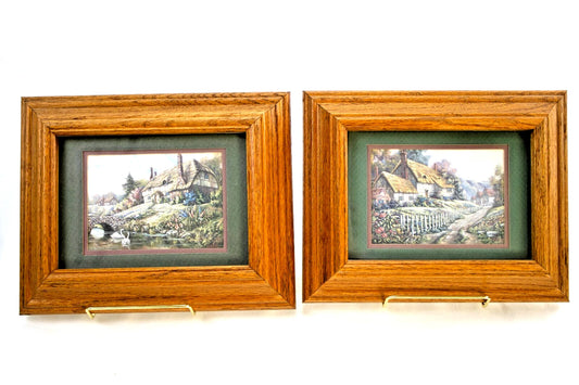 Vintage Foil Cottage Prints – Set of 2 English Countryside in Wood Frames