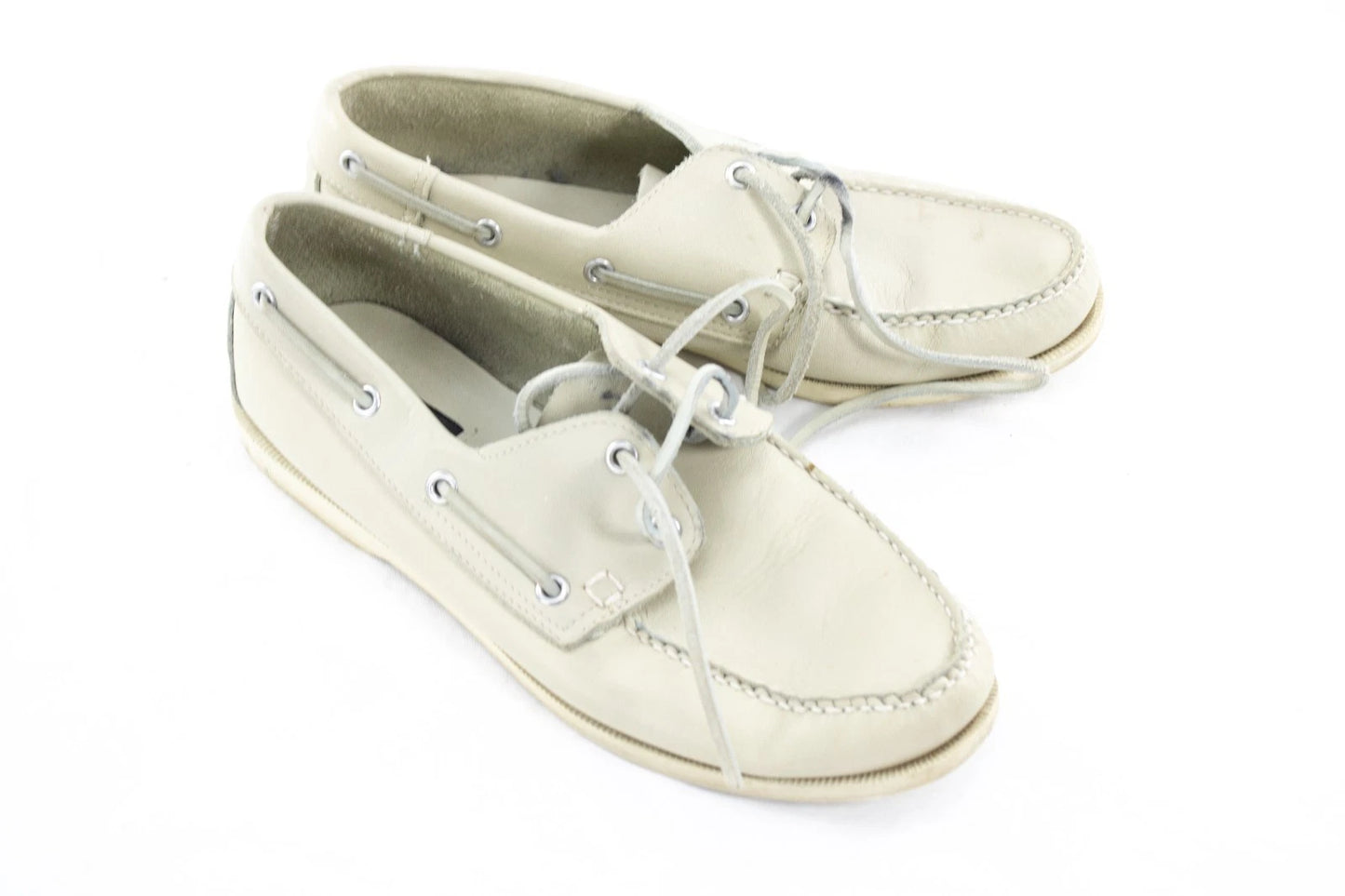 Vintage Aero Off-White Leather Deck Shoes | Men's Hand Sewn Boat Shoes Size 9.5