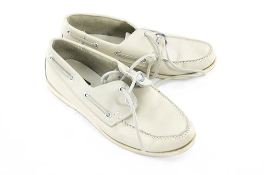 Vintage Aero Off-White Leather Deck Shoes | Men's Hand Sewn Boat Shoes Size 9.5