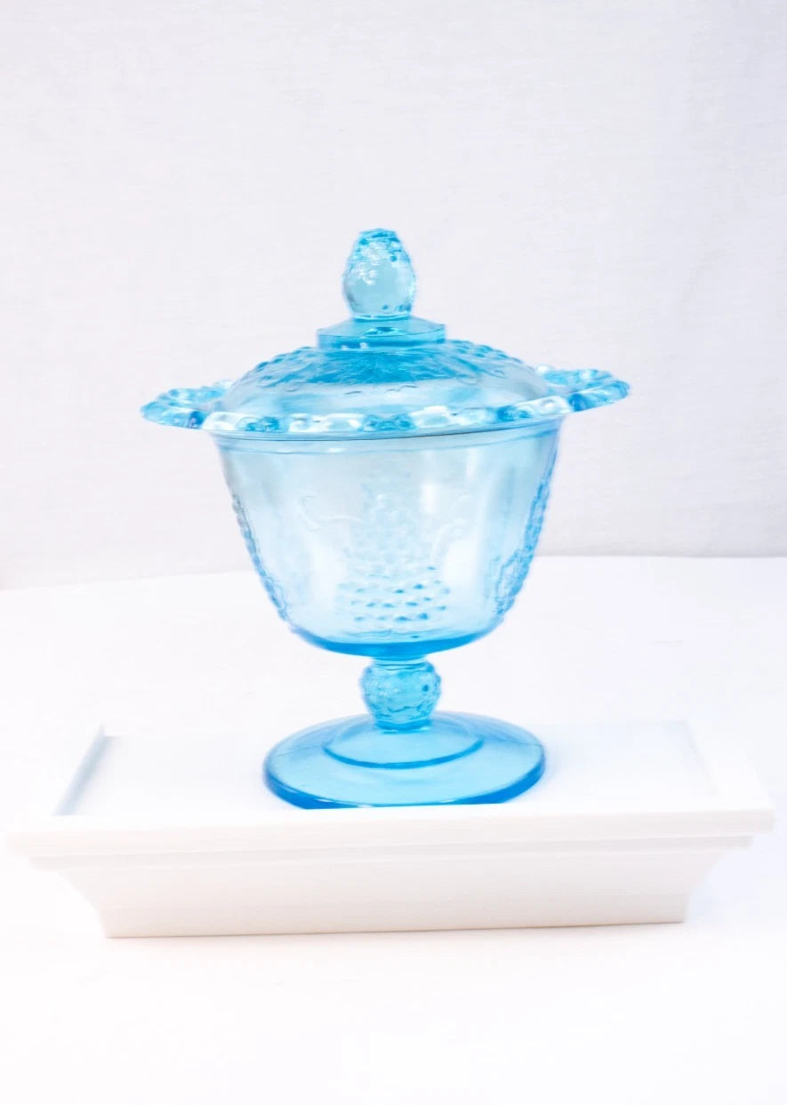 Vintage Aqua Blue Glass Compote with Lid – Harvest Grape Pattern Pedestal Candy