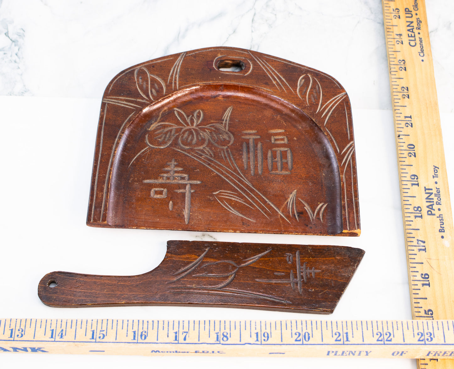 Hand-Carved Asian Wooden Crumb Tray & Scraper Set