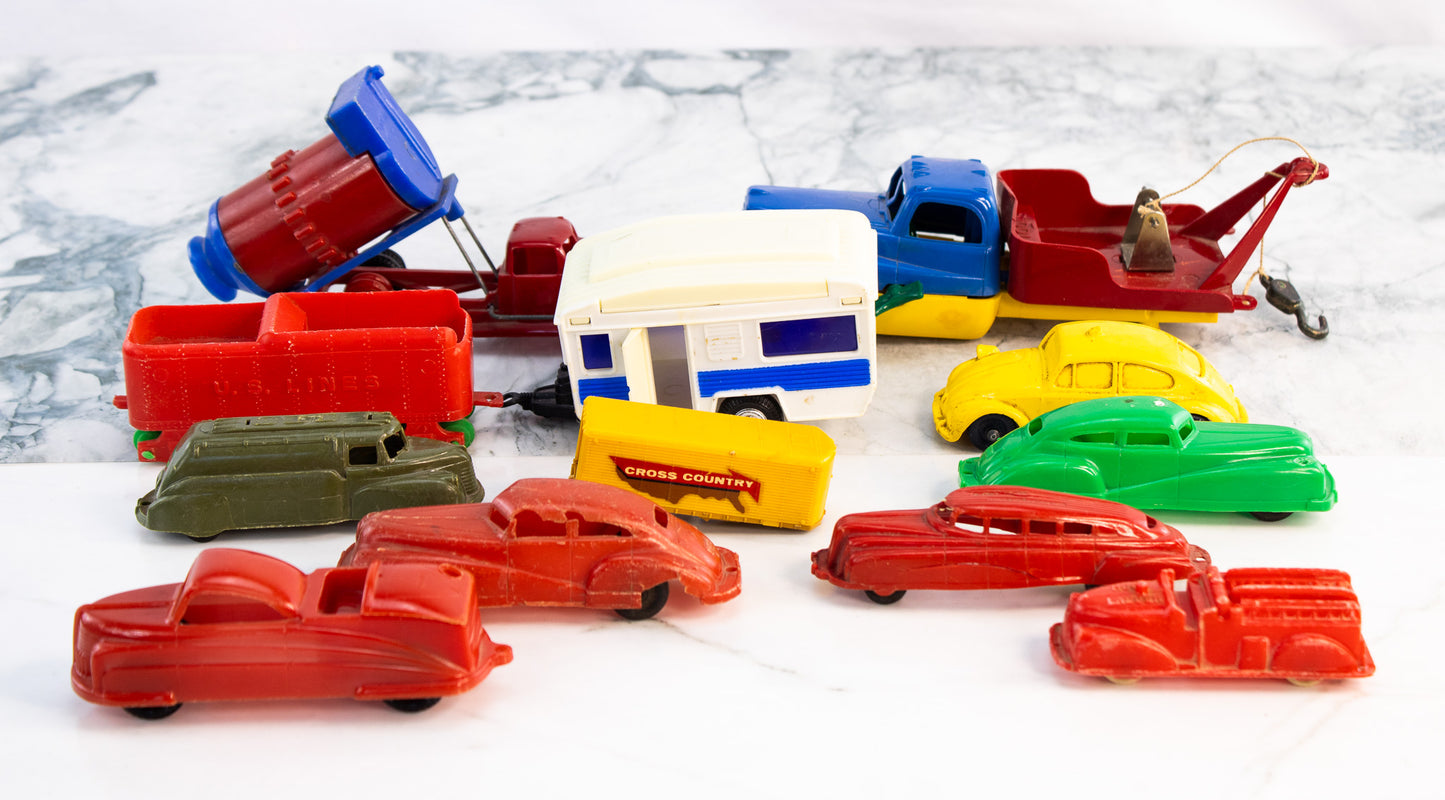 Vintage Plastic Toy Car Truck Lot ACME Lindberg VW Beetle Trailer Toys