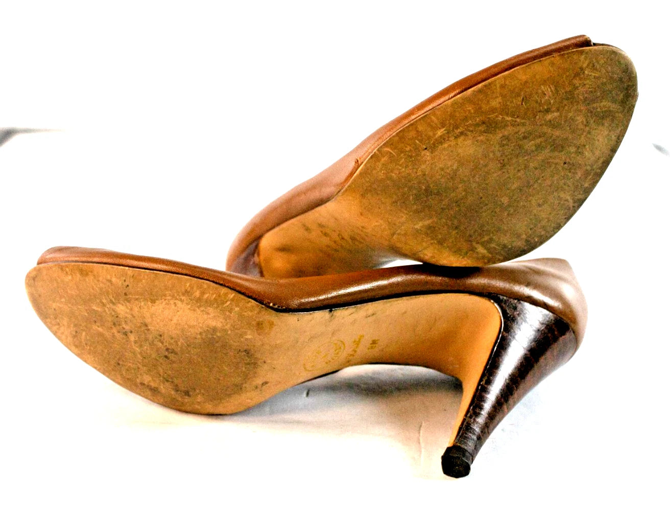 9 West “Kristy” Peep-Toe Heels – Caramel Brown Leather – Size 8M Made in Brazil