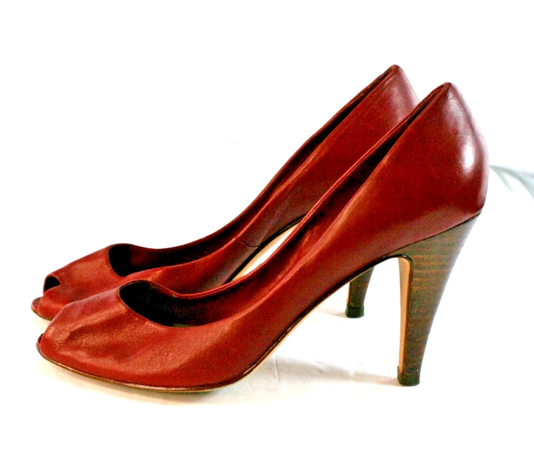 Nine West Burgundy Leather Peep-Toe Heels (Size 8N, Made in Brazil)
