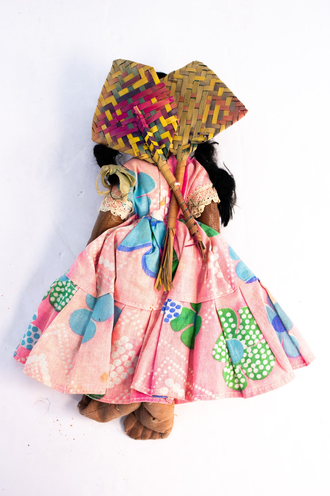 Vintage Mexican Folk Art Doll Handmade Gourd Head Palm Fan Figure