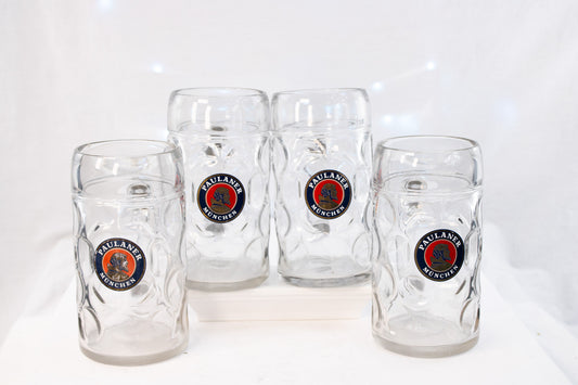 Set of 4 Paulaner Beer Steins – German Oktoberfest Glass Mugs – Vintage