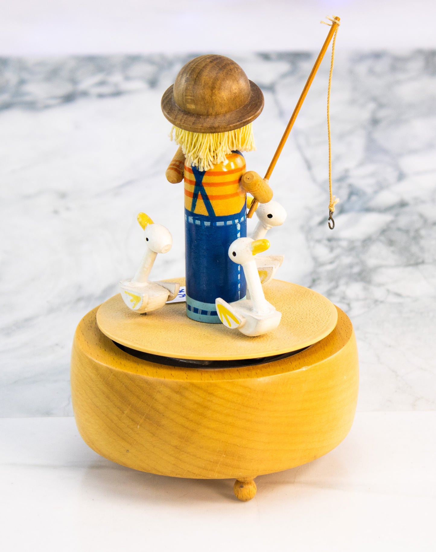 Vintage Fisherman Music Box Schmid Lazy River Japan Wood Duck Figurine