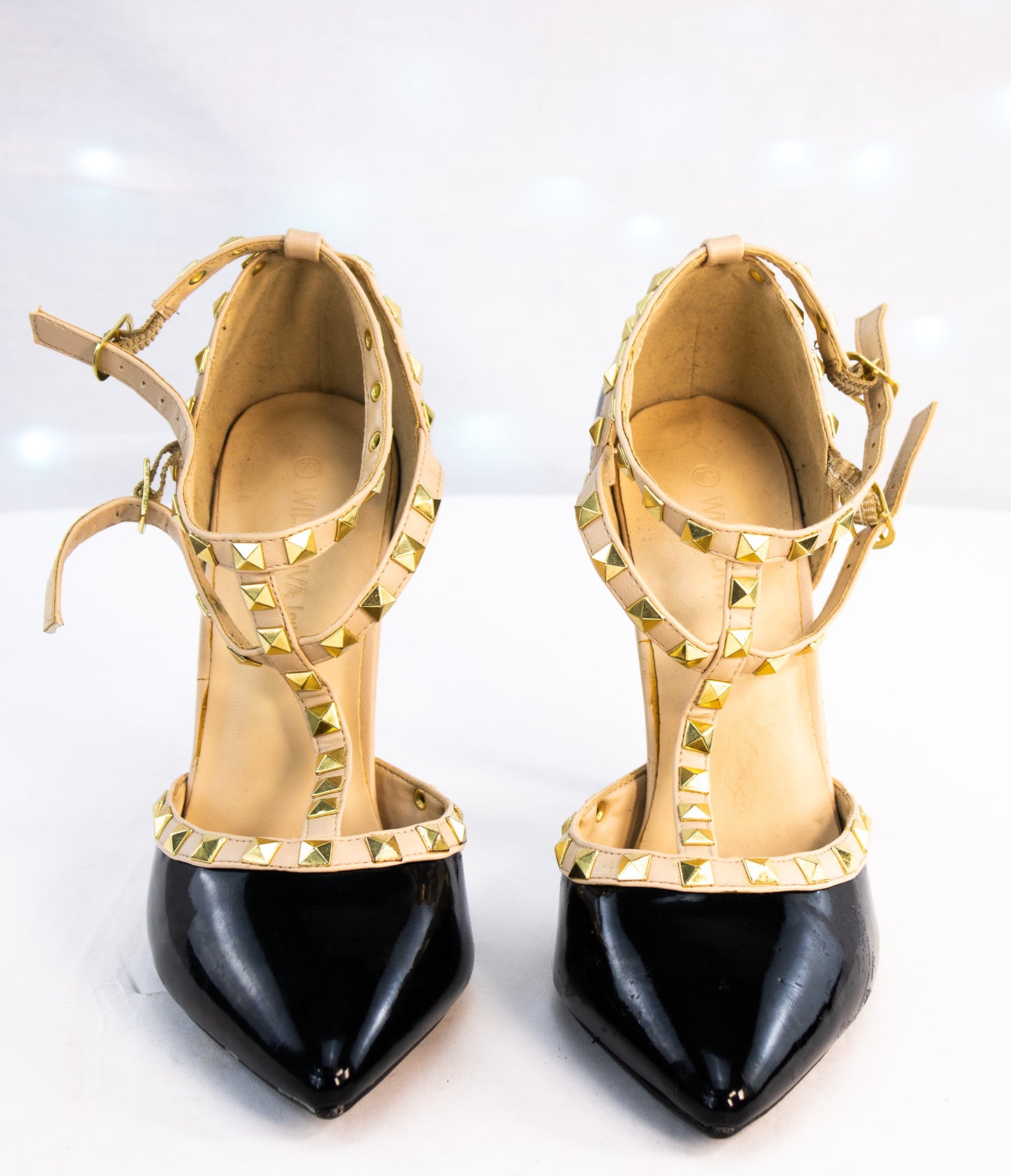 Studded T-Strap Heels Black Patent Gold Accents – Wild Diva Lounge 7.5