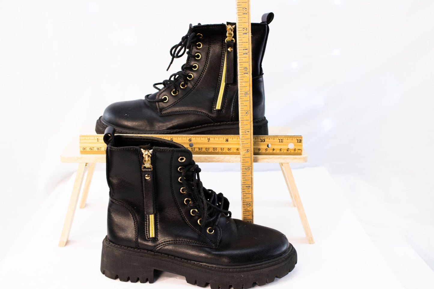 Black Leather Combat Boots Womens EU 38 US 7 Lace Up Lug Sole Zipper