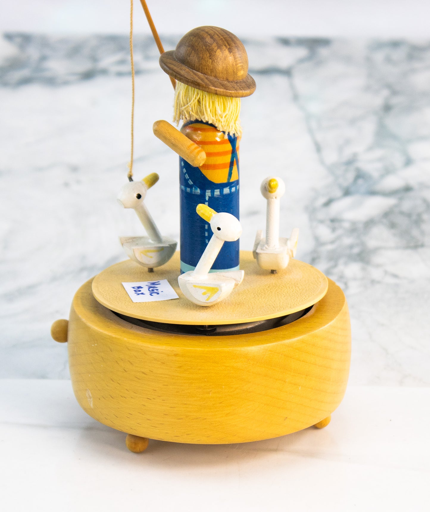 Vintage Fisherman Music Box Schmid Lazy River Japan Wood Duck Figurine