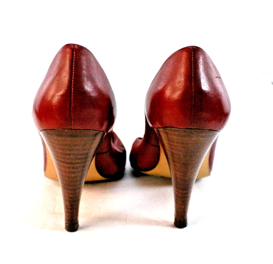 Nine West Burgundy Leather Peep-Toe Heels (Size 8N, Made in Brazil)